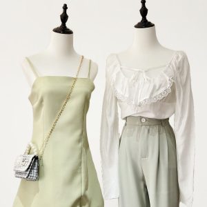 White Lace Blouse with Mint Green Long Suit Pants