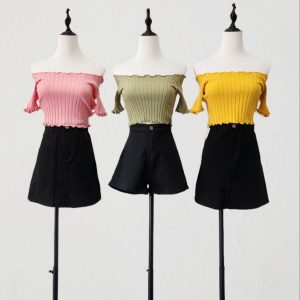 Off Shoulder Top with Black Jeans Skirt