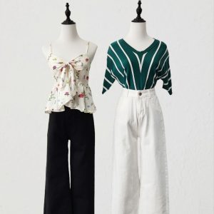 Green Stripped Top + Black Jeans Long Pant